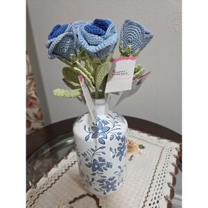 Handmade Crochet Blue Roses – Set of 5 | Knit Floral Bouquet | Home Décor Gift